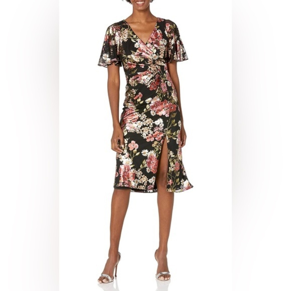 NWT Adrianna Papell Black Pink White Foiled Mesh Draped Midi Dress New Metallic